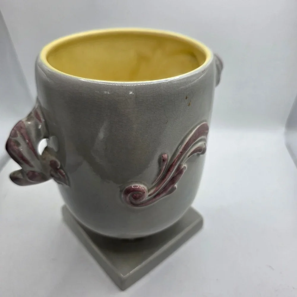 Vintage Red Wing Pottery #1107 Pedestal Vase Gray Yellow Purple Acanthus USA